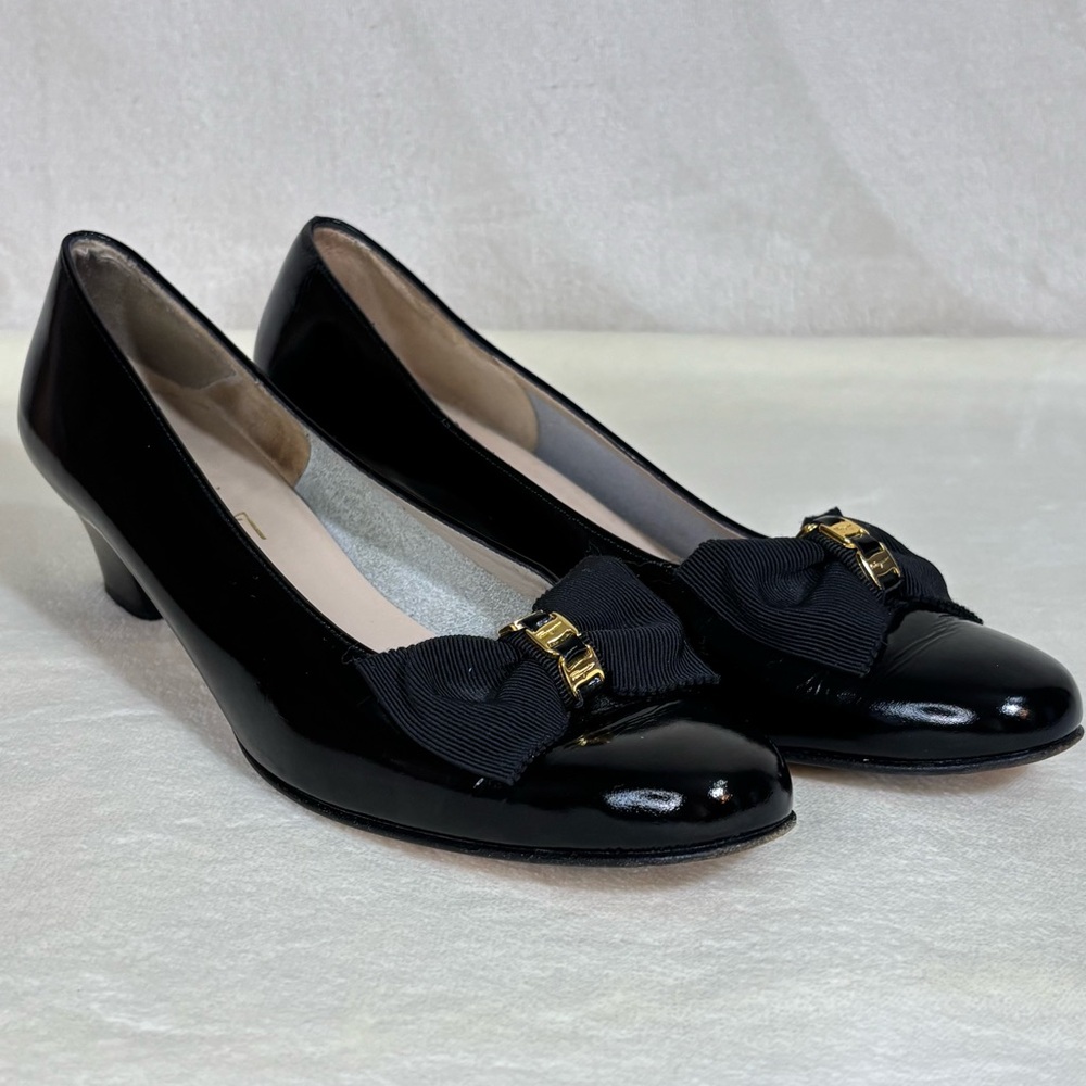 Salvatore Ferragamo Black Patent Leather Bow Pumps